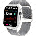 White smart watch with 1.95-inch display and mesh strap, displaying health metrics like heart rate and activity tracking.