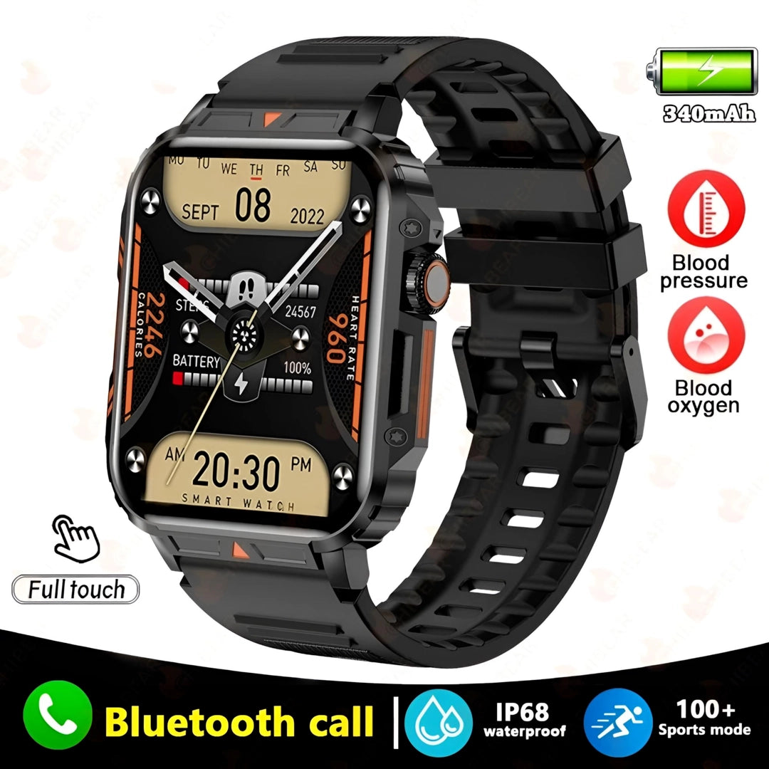 Black smart watch with 1.95-inch display, offering Bluetooth call, IP68 waterproofing, and advanced health tracking features.