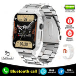 Silver smart watch with 1.95-inch display, showcasing Bluetooth call, IP68 waterproofing, and comprehensive health tracking.