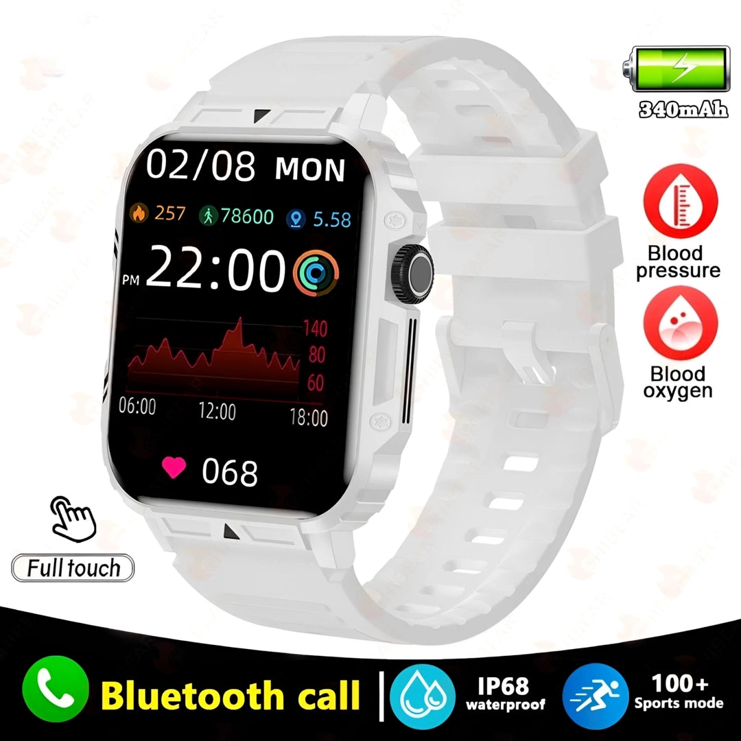 White smart watch with 1.95-inch display, featuring Bluetooth call, IP68 waterproofing, and health monitoring functions.