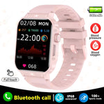 Pink smart watch with 1.95-inch display, offering Bluetooth call, IP68 waterproofing, and advanced health tracking features.