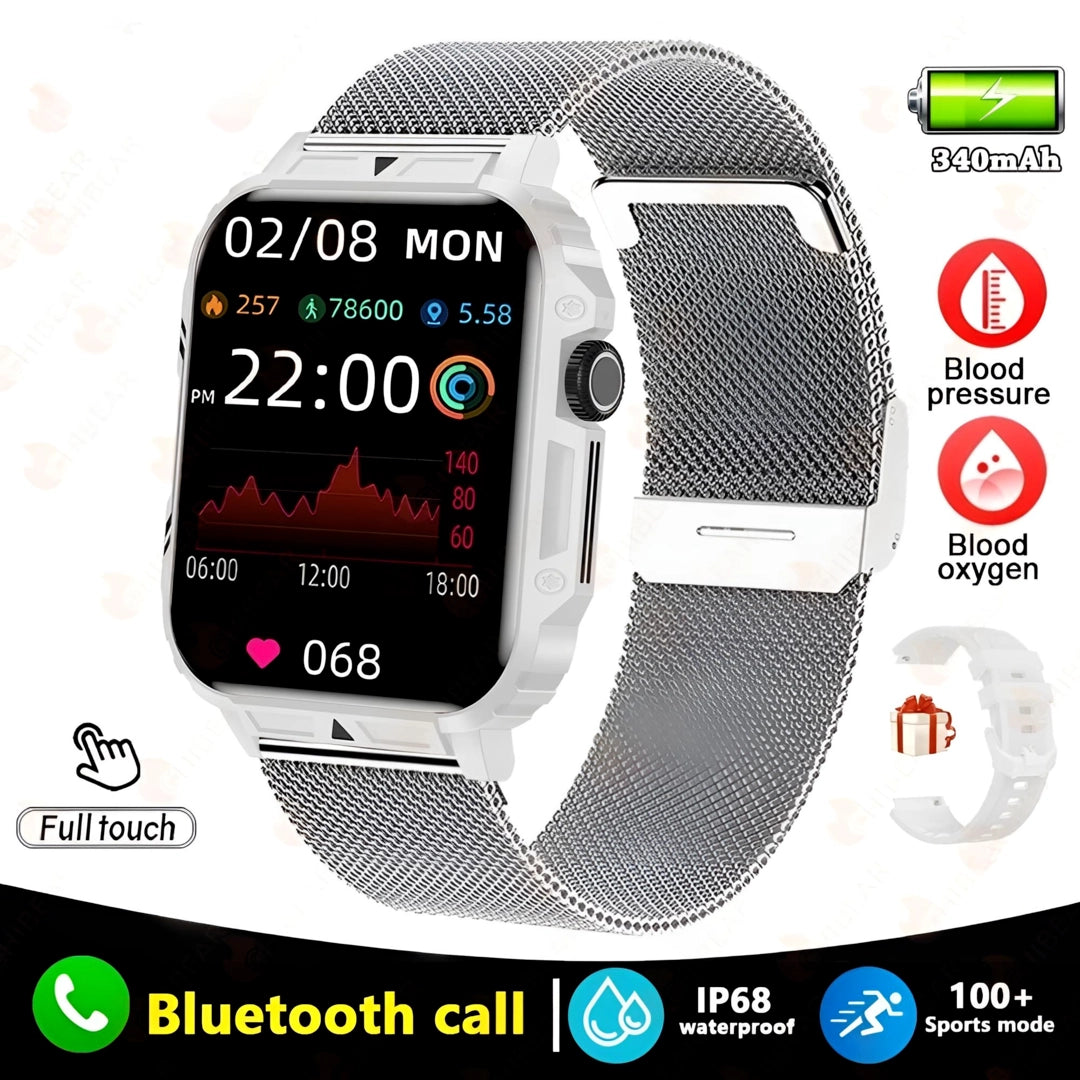 White smart watch with 1.95-inch display, featuring Bluetooth call, IP68 waterproofing, and health monitoring capabilities.