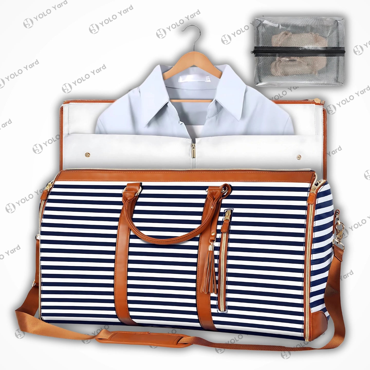 Chic-Fold 75L striped travel duffel bag in navy and white with brown accents, featuring garment storage and a detachable pouch.