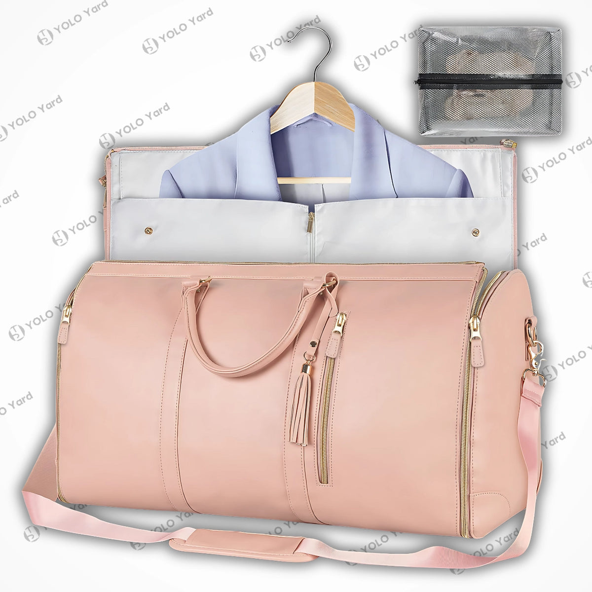 Chic-Fold 75L pink travel duffel bag with garment storage and a transparent accessory pouch, ideal for organized travel.