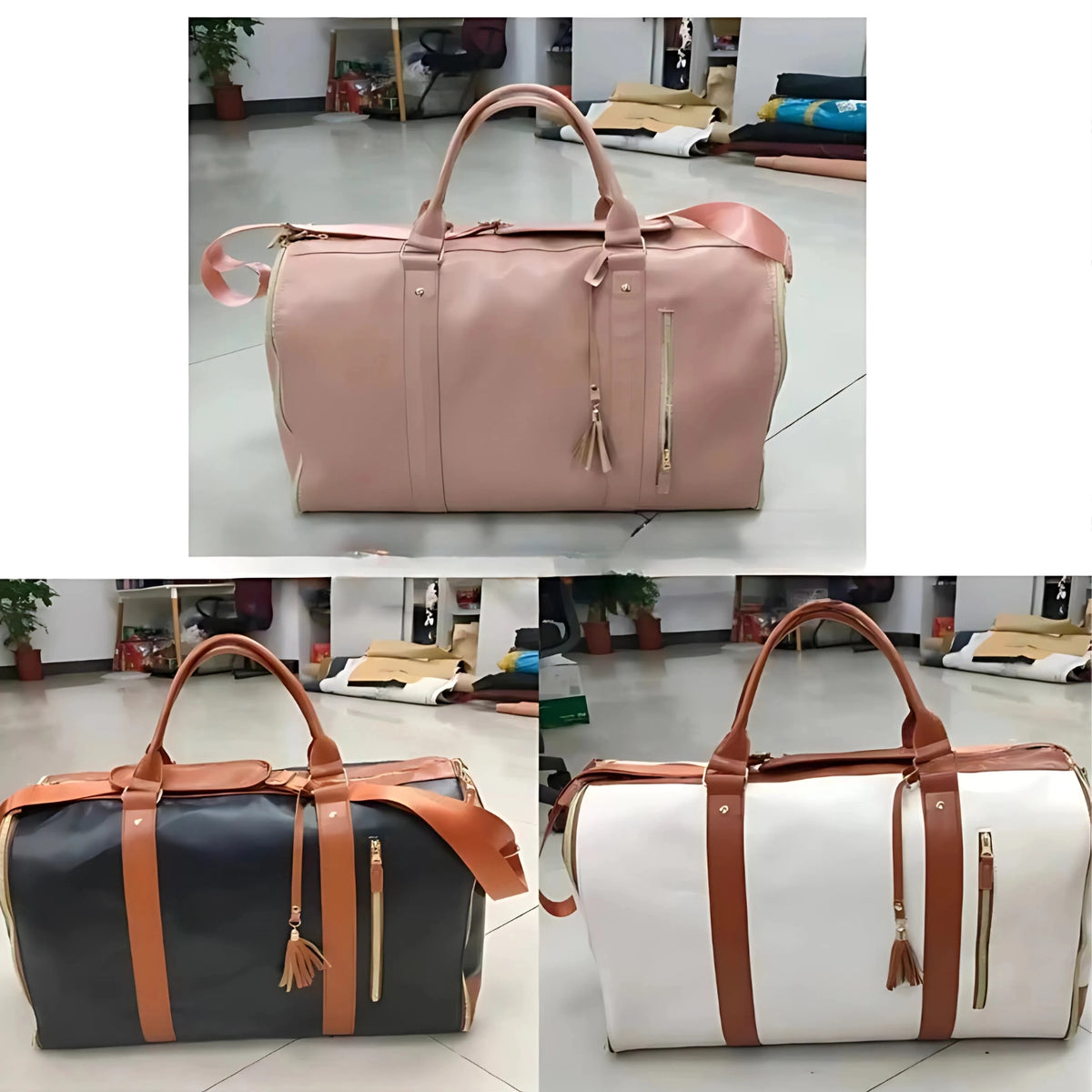 Chic-Fold 75L travel duffel bags in pink, black, and white with brown accents, displayed in a showroom setting.