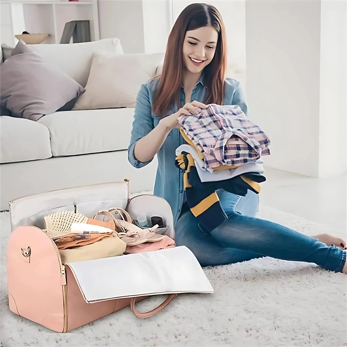 Chic-Fold 75L pink travel duffel bag being packed by a woman sitting on the floor, highlighting its practicality for travel.