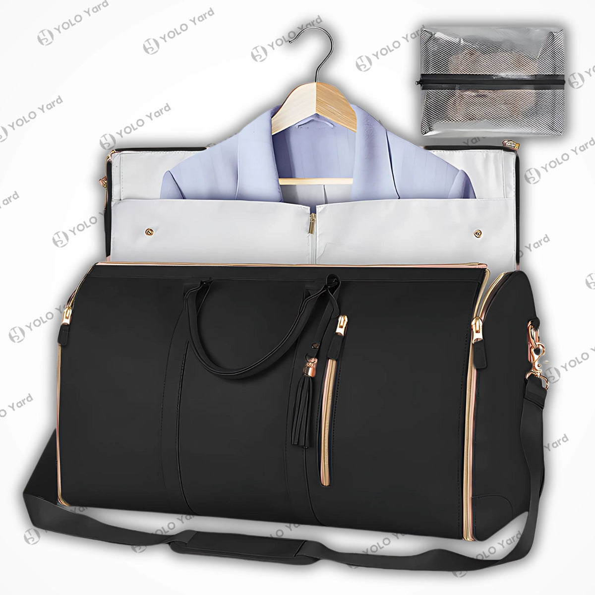 Chic-Fold 75L black travel duffel bag with gold accents, featuring garment storage and a transparent accessory pouch.