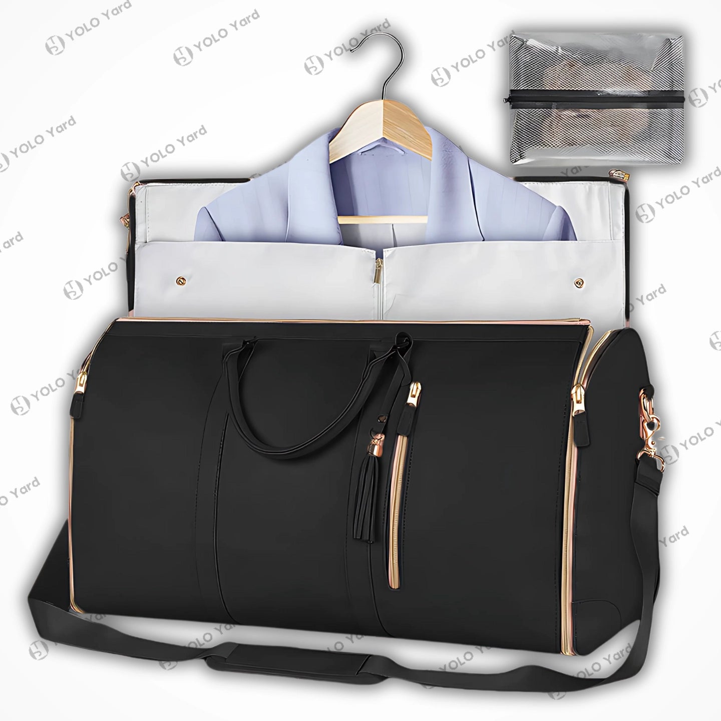 Chic-Fold 75L black travel duffel bag with gold accents, featuring garment storage and a transparent accessory pouch.