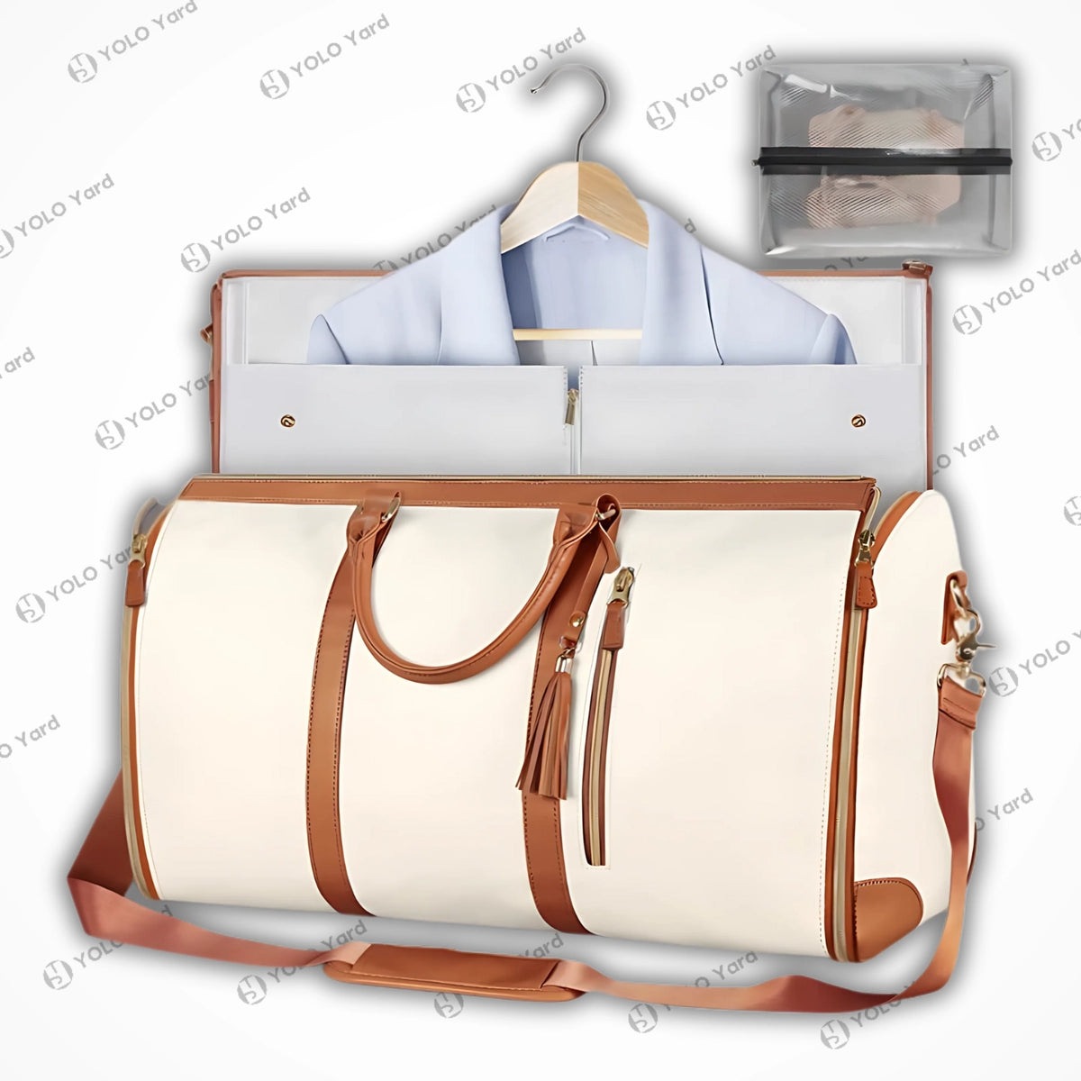 Chic-Fold 75L travel duffel bag in white with brown accents, displayed open with garment storage and a transparent accessory pouch.