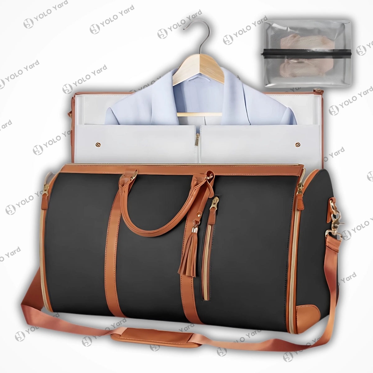 Chic-Fold 75L black travel duffel bag with brown accents, featuring garment storage and a transparent accessory pouch.