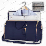 Chic-Fold 75L navy travel duffel bag with gold accents, showcasing garment storage and a detachable accessory pouch.