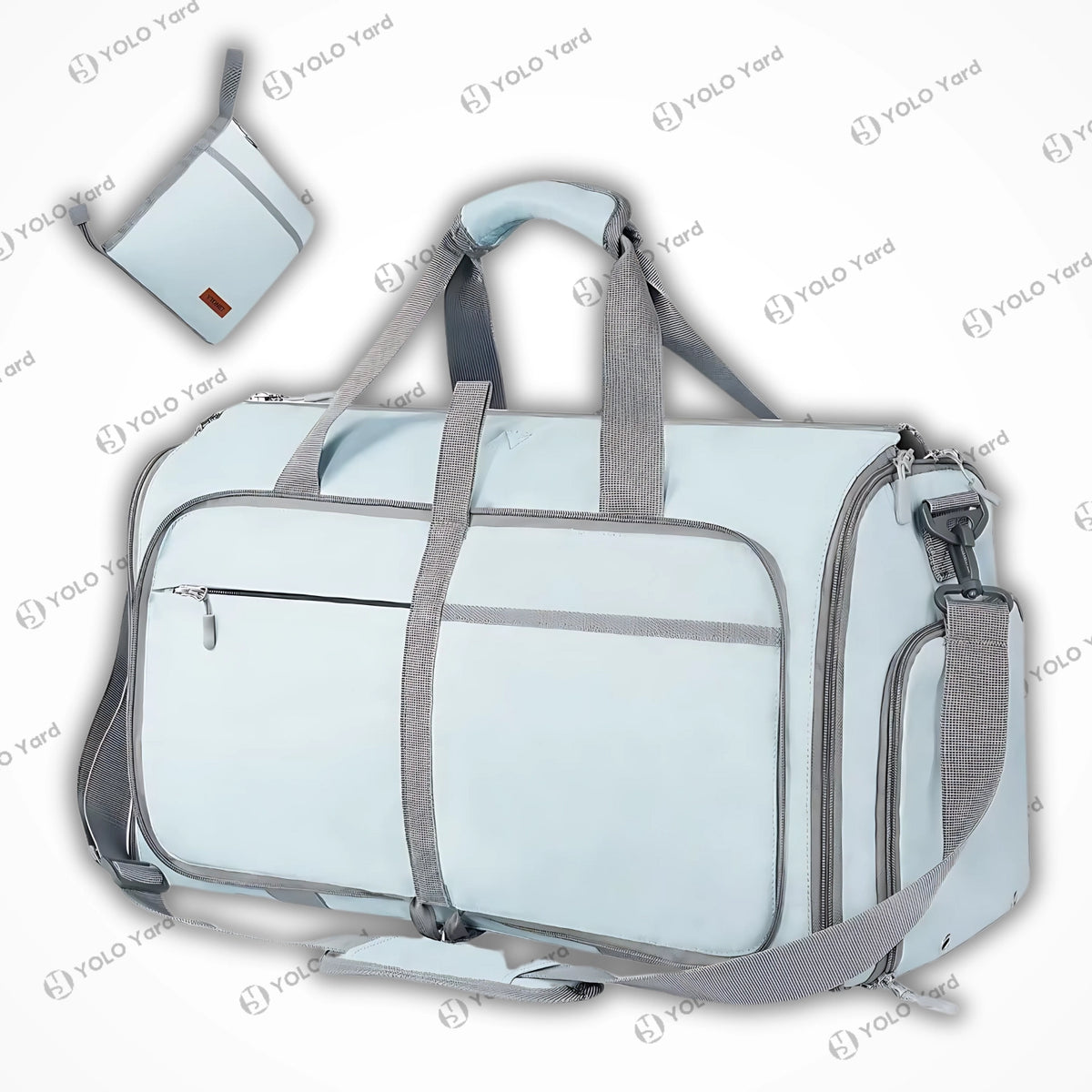 Chic-Fold 75L travel duffel bag in light blue with gray accents, featuring multiple compartments and a detachable shoulder strap.