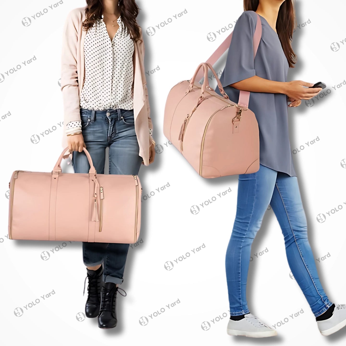 Chic-Fold 75L lightweight travel duffel bag in pink, shown carried by two women wearing casual outfits, ideal for travel.