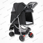 Lightweight foldable smooth-rolling pet stroller in black with mesh windows, cup holder, and storage basket for pet travel.