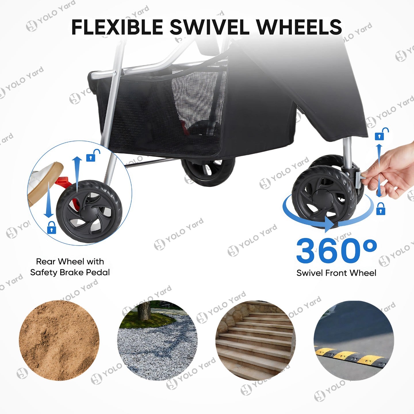 Flexible swivel wheels of the pet stroller with 360-degree front wheels and rear safety brake pedal, suitable for various terrains.