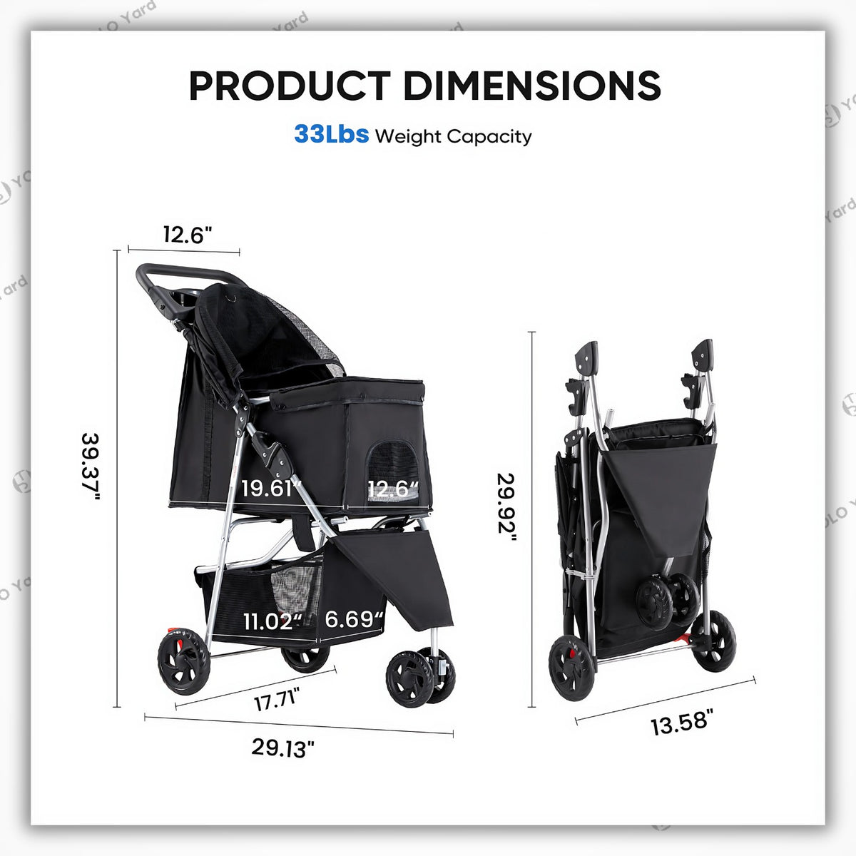 Product dimensions of the lightweight foldable pet stroller, showcasing its compact folded size and 33 lbs weight capacity.