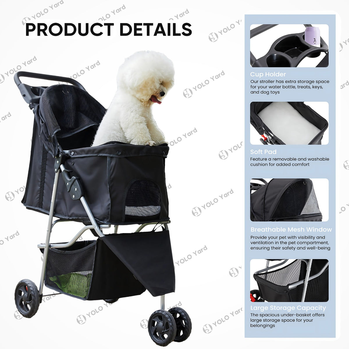 Product details of the lightweight pet stroller, featuring a cup holder, soft washable pad, breathable mesh window, and large storage basket.