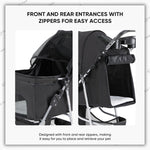 Close-up of front and rear entrances with zippers on the lightweight pet stroller, designed for easy pet access and secure closure.