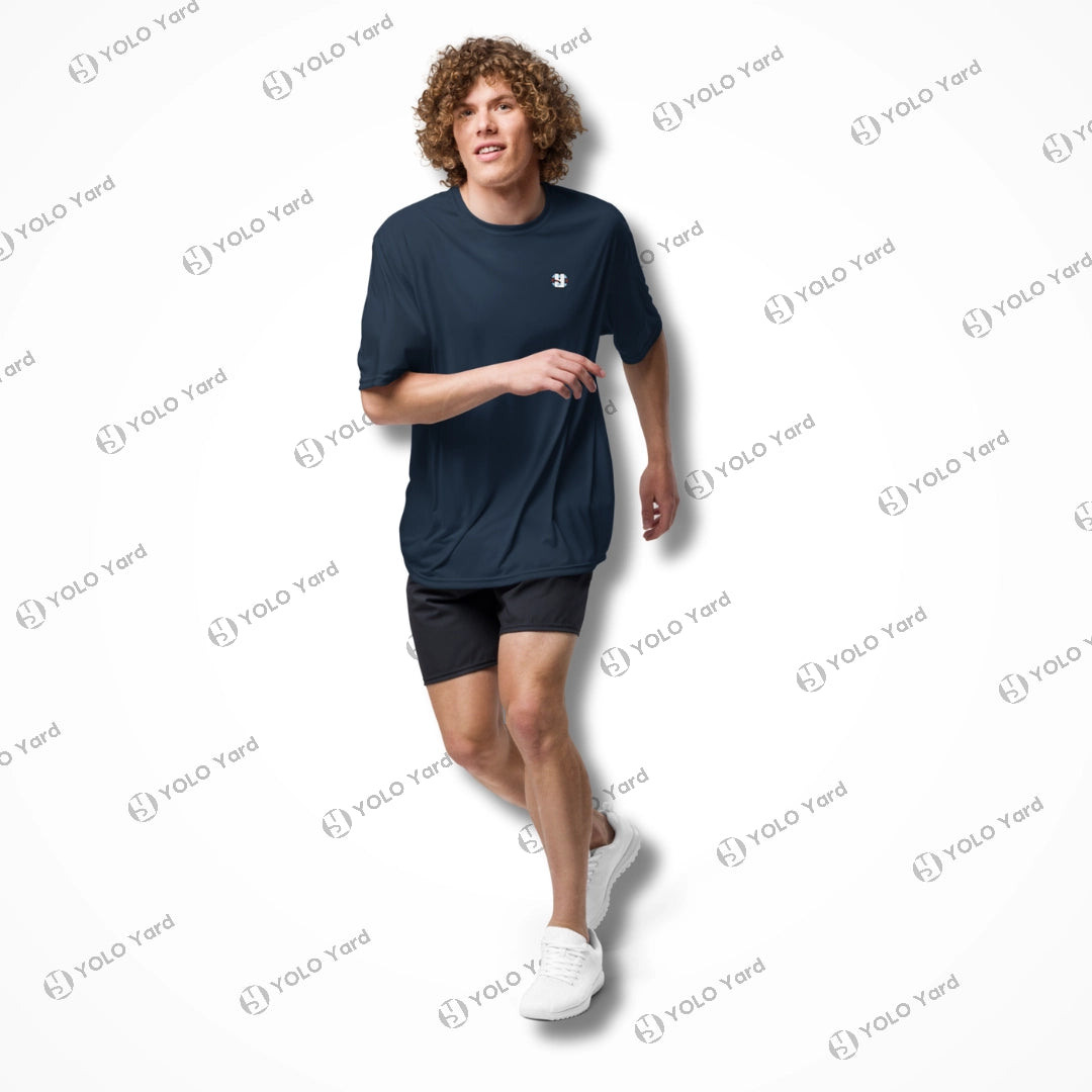 Model wearing dark navy Cool-Fit Quick-Dry Athletic Tee Shirt while running, showcasing its lightweight and quick-dry properties.