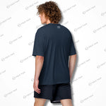 Back view of dark navy Cool-Fit Quick-Dry Athletic Tee Shirt on a male model, featuring a relaxed fit and moisture-wicking fabric.