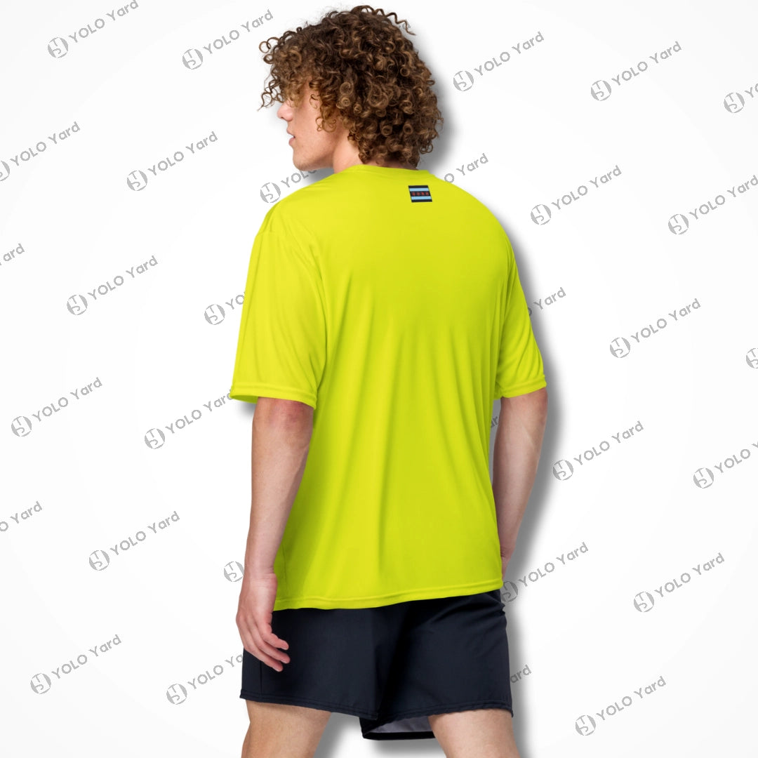 Back view of neon yellow Cool-Fit Quick-Dry Athletic Tee Shirt on a male model, featuring a relaxed fit and moisture-wicking fabric.