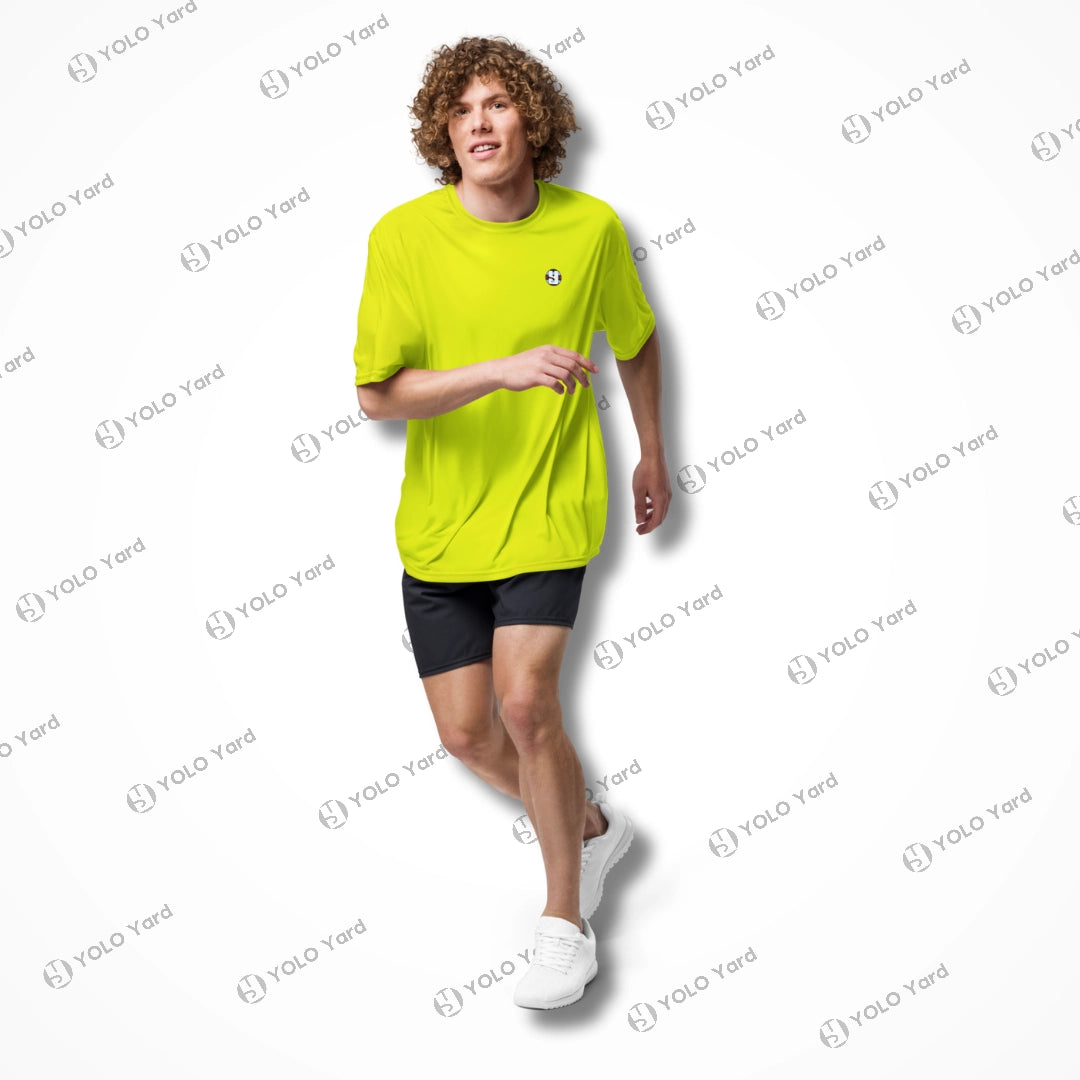 Model wearing neon yellow Cool-Fit Quick-Dry Athletic Tee Shirt while running, showcasing its lightweight and quick-dry properties.