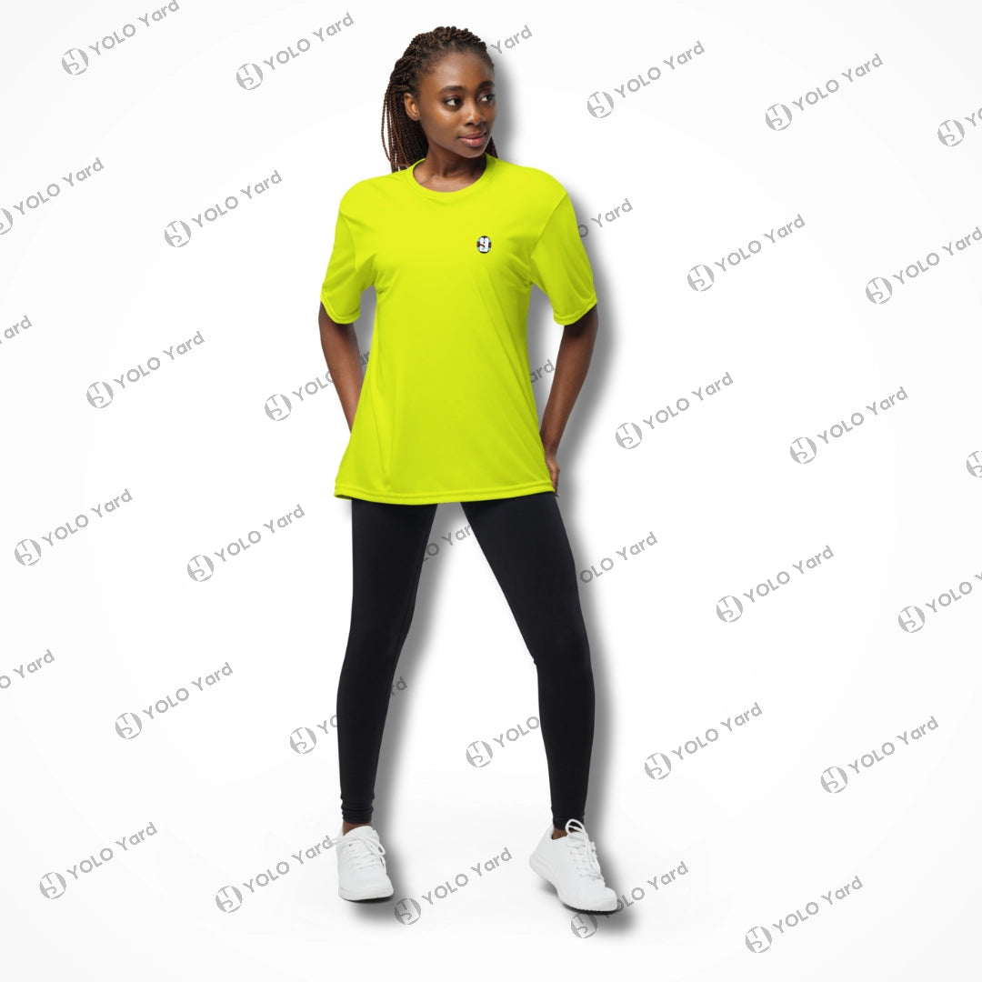 Female model in neon yellow Cool-Fit Quick-Dry Athletic Tee Shirt paired with leggings, highlighting its breathable and versatile design.