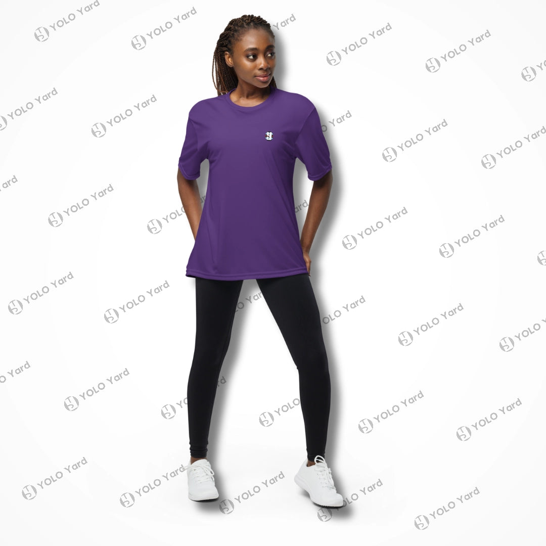 Female model in purple Cool-Fit Quick-Dry Athletic Tee Shirt paired with leggings, highlighting its breathable and versatile design.