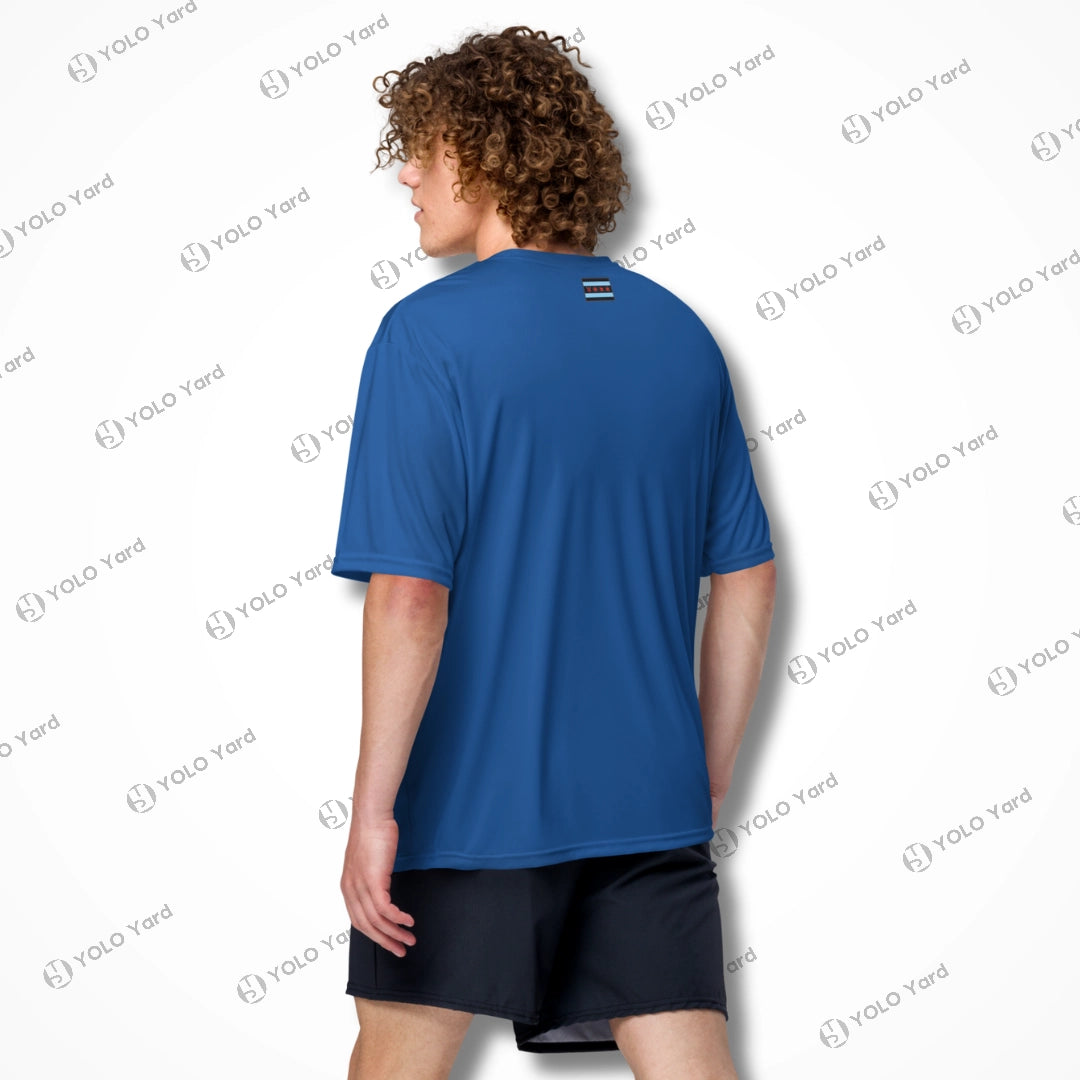 Back view of royal blue Cool-Fit Quick-Dry Athletic Tee Shirt on a male model, featuring a relaxed fit and moisture-wicking fabric.