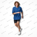 Model wearing royal blue Cool-Fit Quick-Dry Athletic Tee Shirt while running, showcasing its lightweight and quick-dry properties.