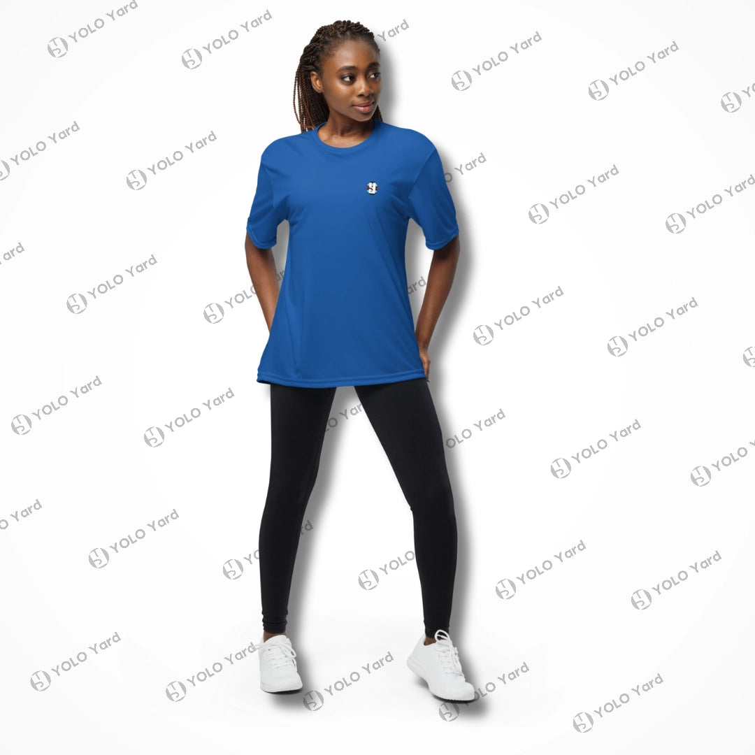 Female model in royal blue Cool-Fit Quick-Dry Athletic Tee Shirt paired with leggings, highlighting its breathable and versatile design.