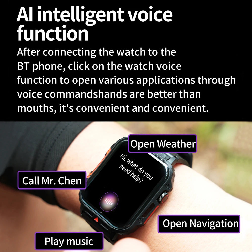 Smart watch with AI intelligent voice function, allowing users to control apps, play music, and navigate via voice commands.