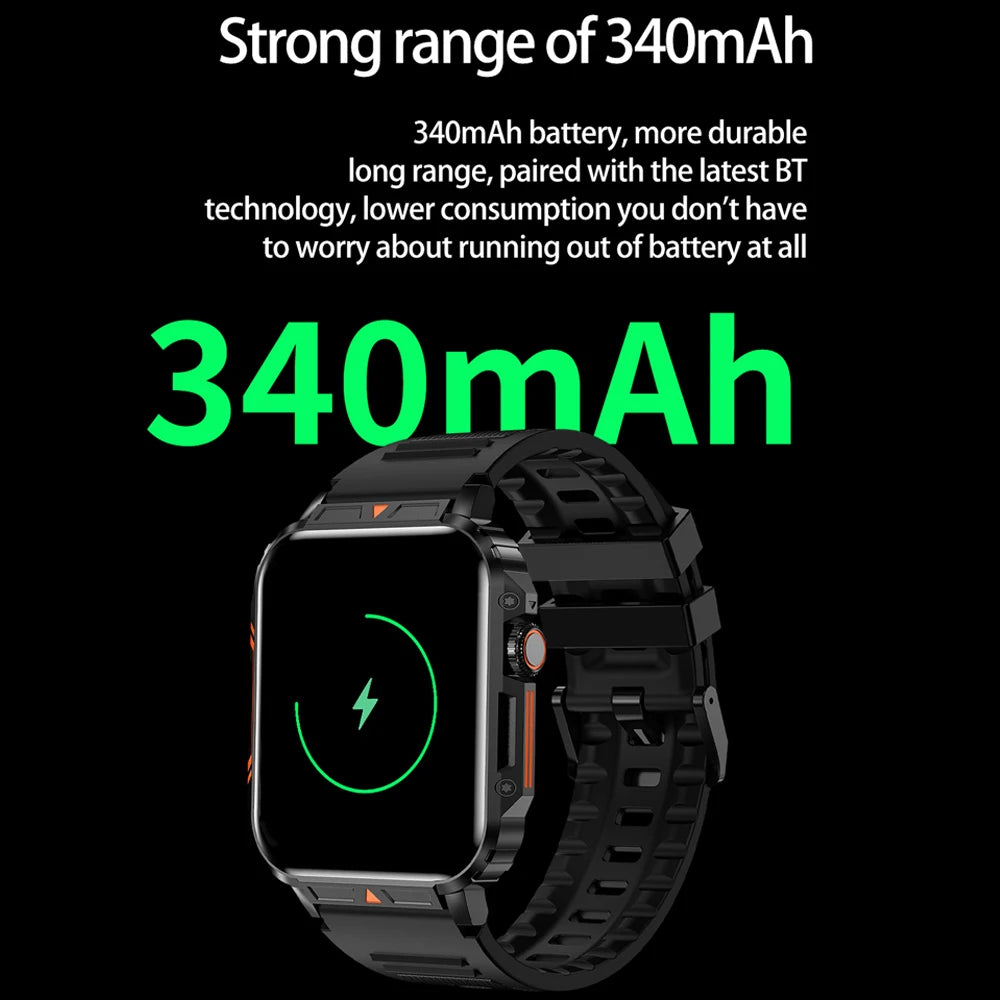 Smart watch with 340mAh battery, offering long-lasting performance and efficient Bluetooth connectivity for extended use.