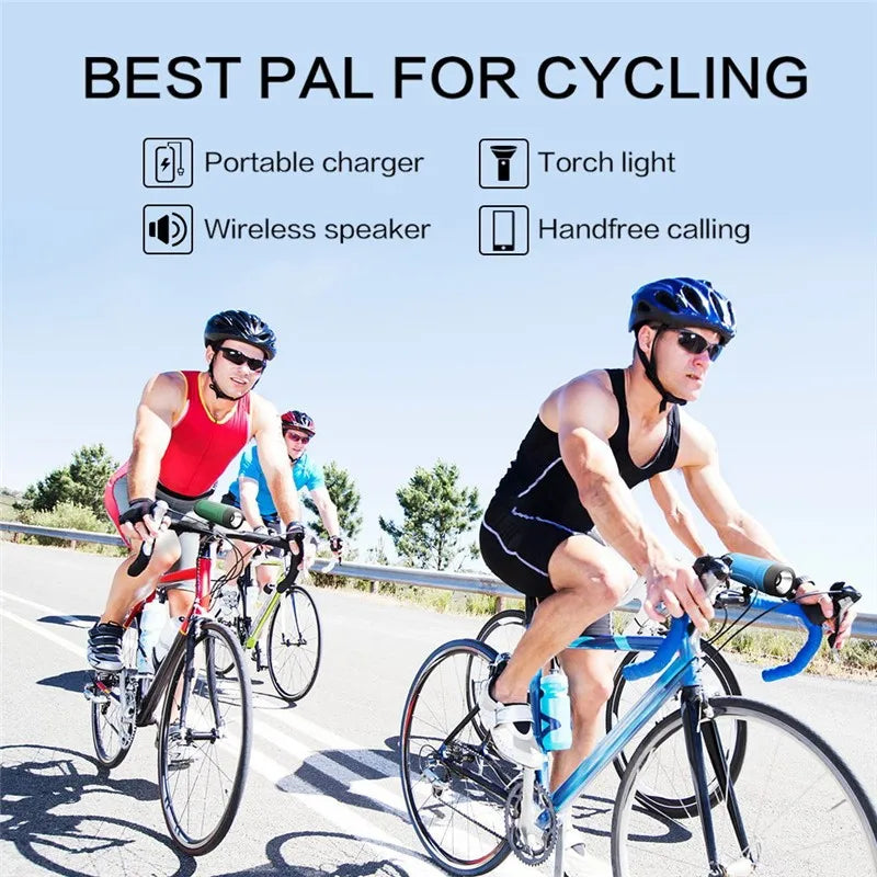 Cyclists using the Zealot S1 Bluetooth speaker, highlighting its features as a portable charger, torch light, and hands-free calling device.