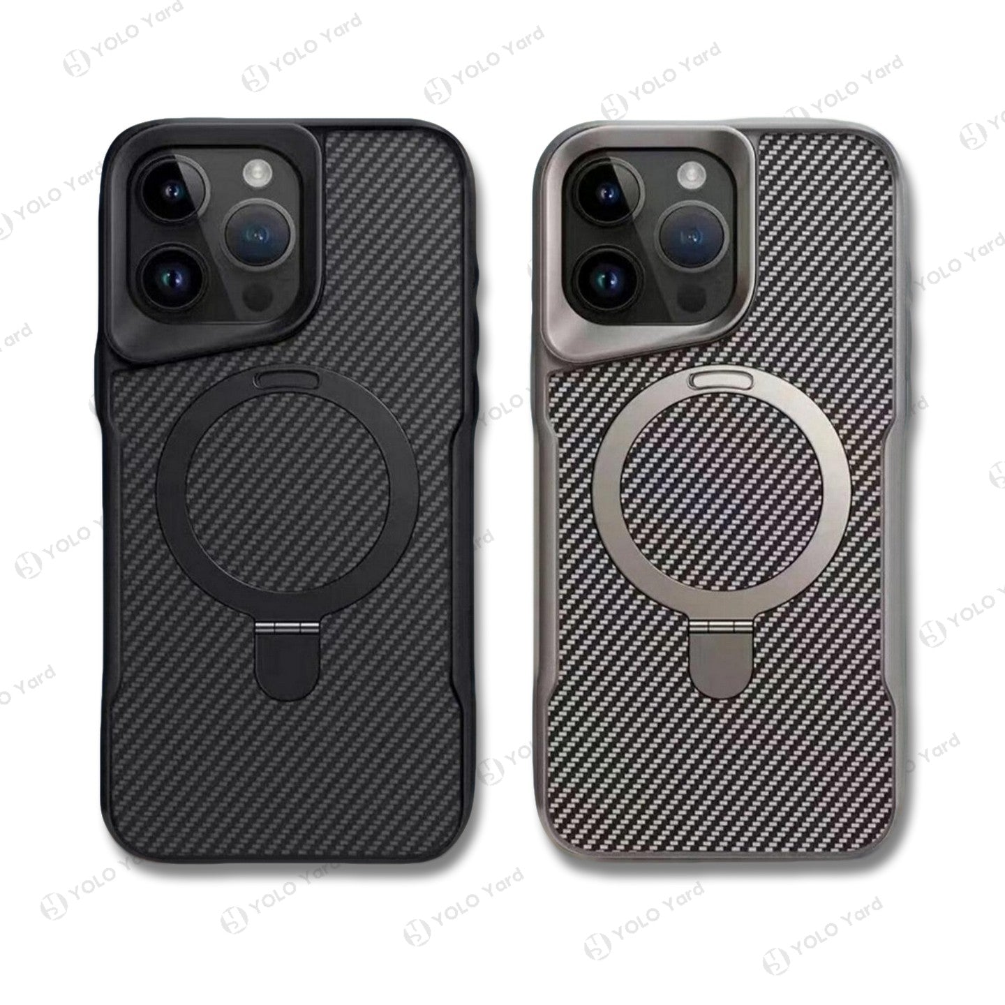 SecureGrip Carbon 360 iPhone case in black and grey with carbon fiber texture, MagSafe ring, and anti-slip wide-grip design.