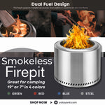 Portable smokeless fire pit made of 304 stainless steel, available in 19-inch or 7-inch sizes, showcasing dual fuel design for wood or pellet burning.