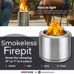 Portable smokeless fire pit made of 304 stainless steel, available in 19-inch or 7-inch sizes, ideal for camping and outdoor patio decor.