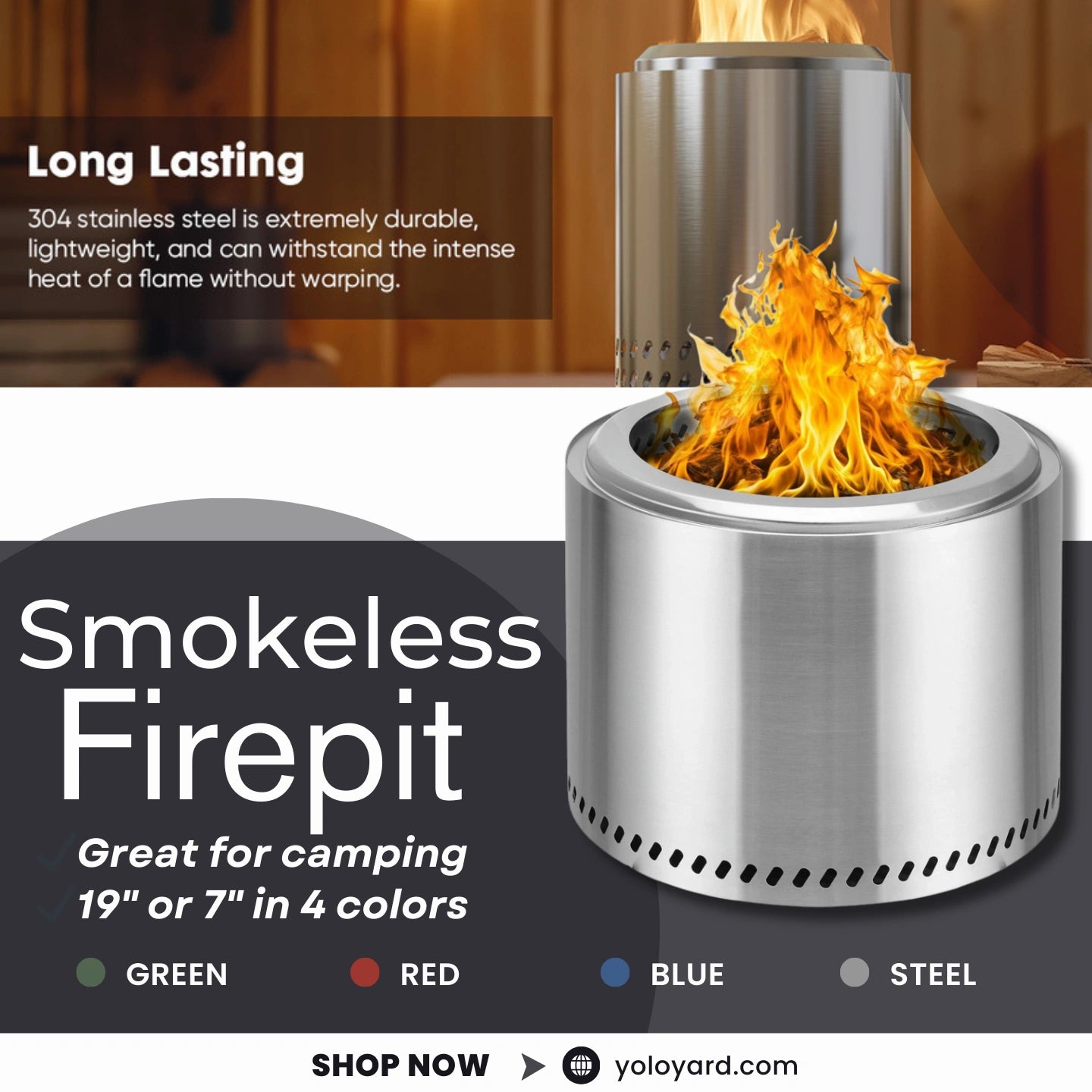 Smokeless fire pit made of 304 stainless steel, available in 19-inch or 7-inch sizes. Durable, lightweight, and ideal for camping or patio use.