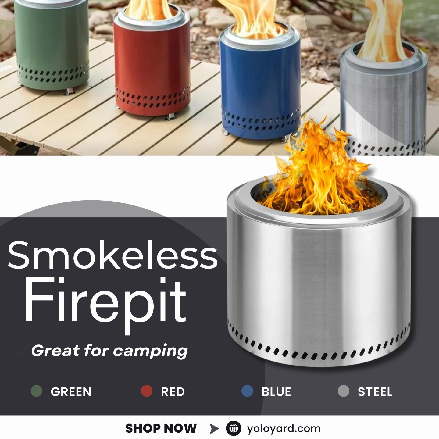 Portable smokeless fire pit in 304 stainless steel with wood pellet burning flames, available in green, red, blue, and steel finishes. Ideal for camping and outdoor patio decor.