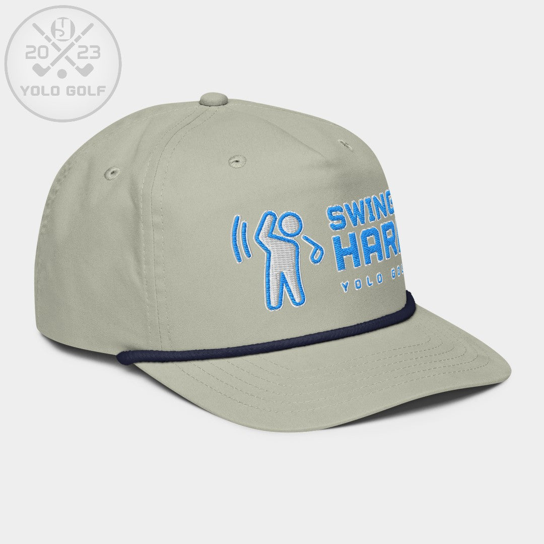 Shop best "Swings Hard" Golf Rope Cap (Teal White Embroidery) at YOLO Yard