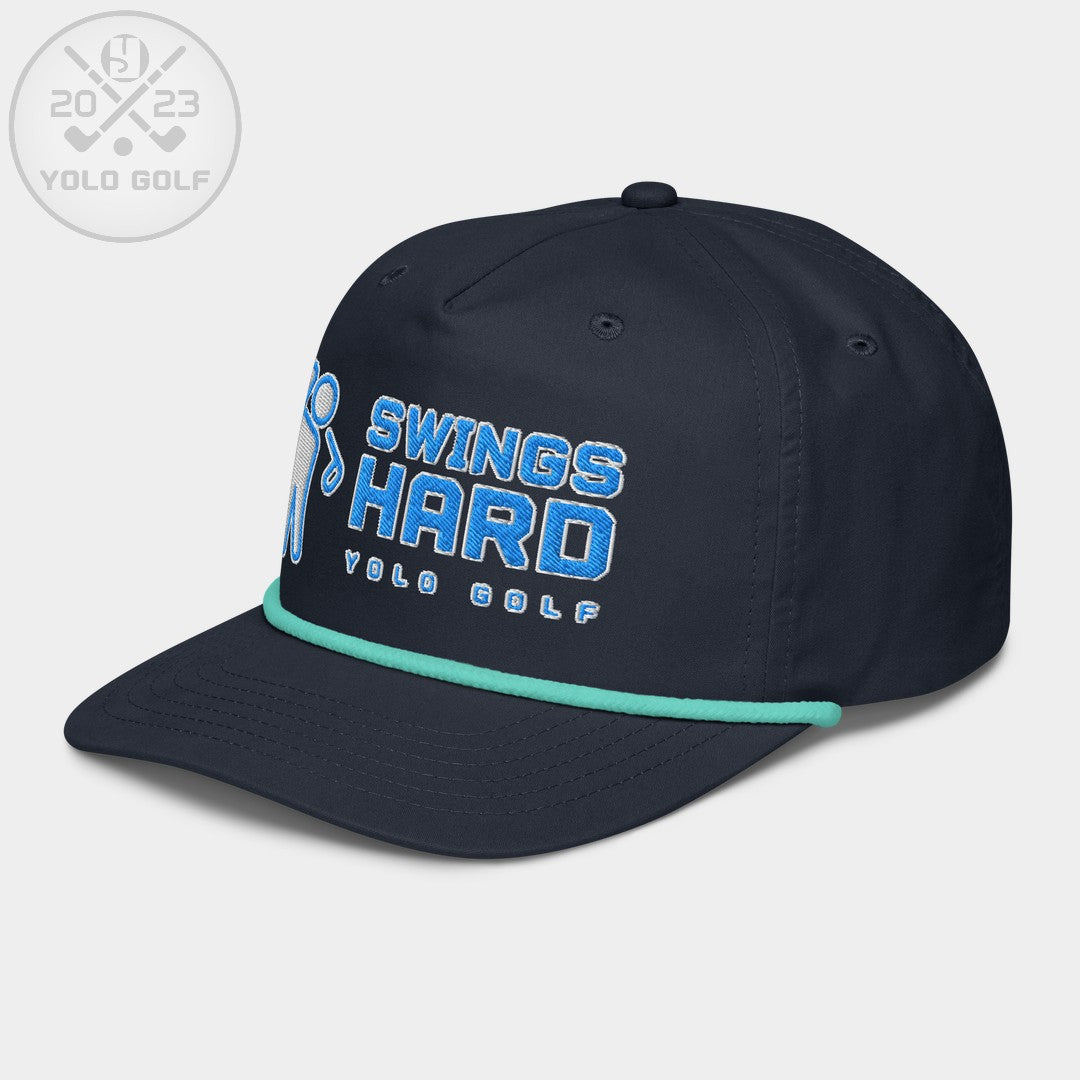 Shop best "Swings Hard" Golf Rope Cap (Teal White Embroidery) at YOLO Yard