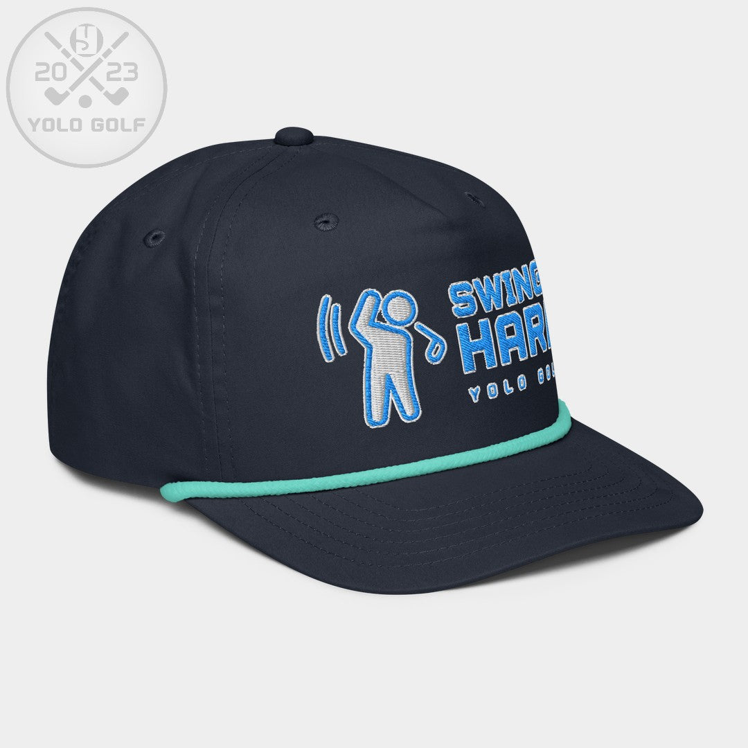 Shop best "Swings Hard" Golf Rope Cap (Teal White Embroidery) at YOLO Yard