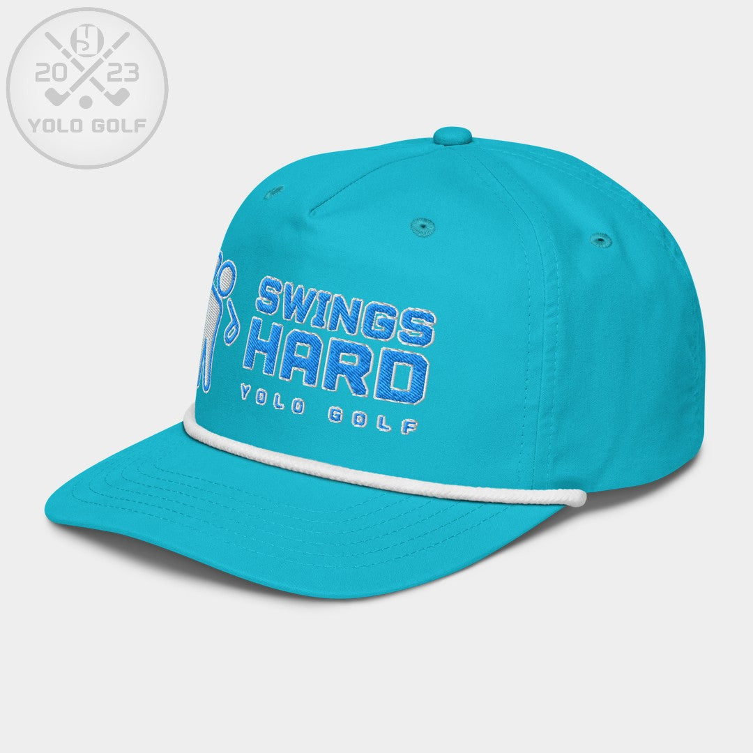 Shop best "Swings Hard" Golf Rope Cap (Teal White Embroidery) at YOLO Yard