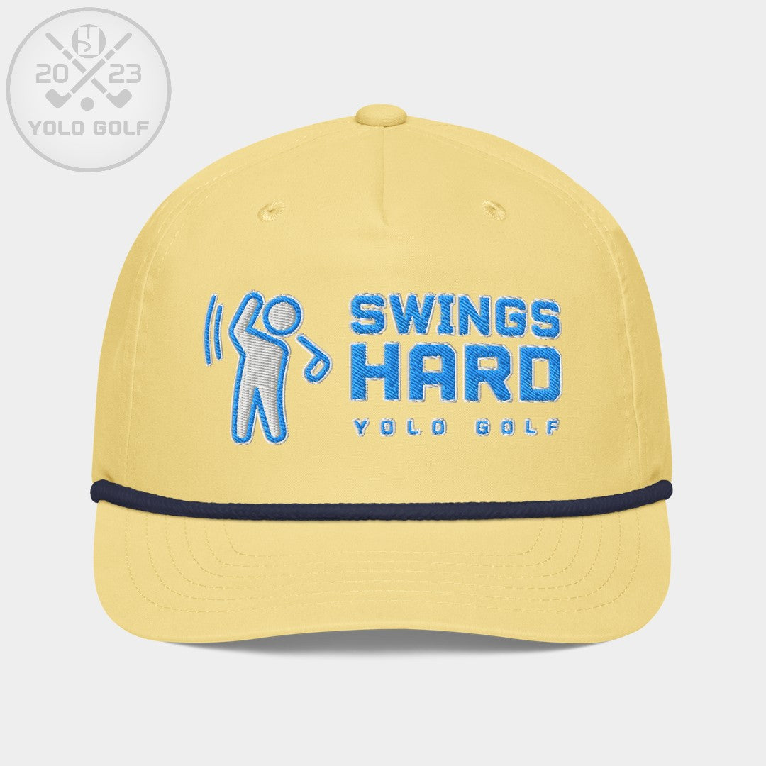 Shop best "Swings Hard" Golf Rope Cap (Teal White Embroidery) at YOLO Yard