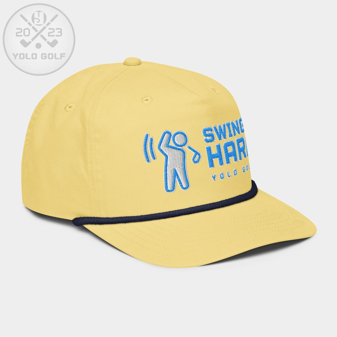 Shop best "Swings Hard" Golf Rope Cap (Teal White Embroidery) at YOLO Yard