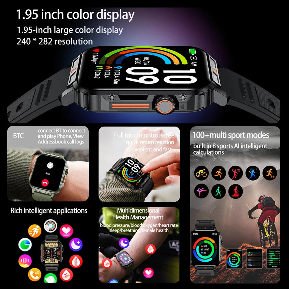 1.95-inch color display smart watch with 240x282 resolution, featuring health monitoring, sports modes, and rich applications.