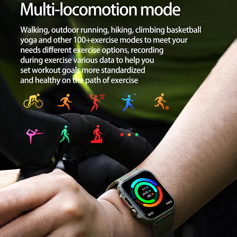 Smart watch with multi-locomotion mode, supporting over 100 exercise options like running, hiking, and yoga for fitness tracking.