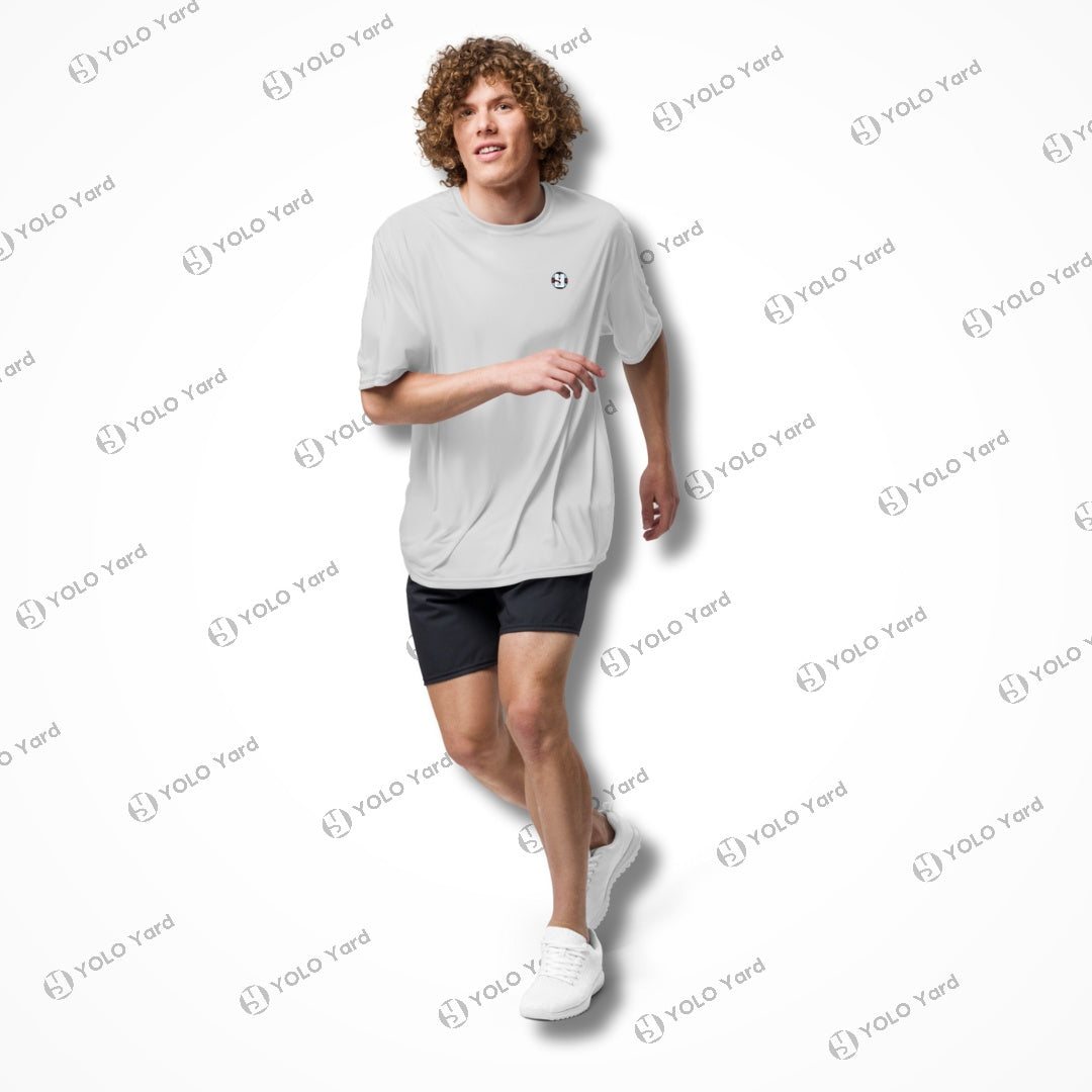 Model wearing light gray Cool-Fit Quick-Dry Athletic Tee Shirt while running, showcasing its lightweight and quick-dry properties.