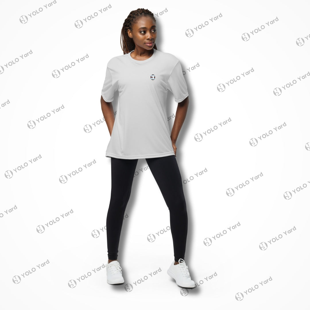 Female model in light gray Cool-Fit Quick-Dry Athletic Tee Shirt paired with leggings, highlighting its breathable and versatile design.