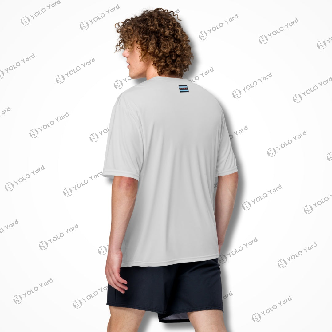 Back view of light gray Cool-Fit Quick-Dry Athletic Tee Shirt on a male model, featuring a relaxed fit and moisture-wicking fabric.